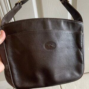 Longchamp Dark Brown Pebbled Leather Handbag with Gold Accents